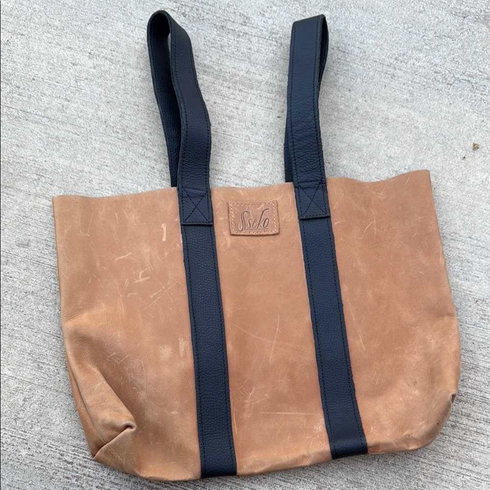 Tan and Black Sseko Leather Tote Bag
